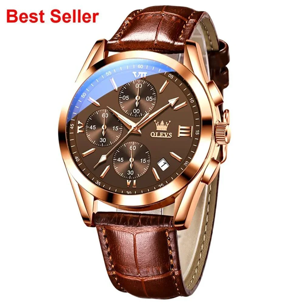 Men's Chronograph Leather Watch with Luminous Date Analog